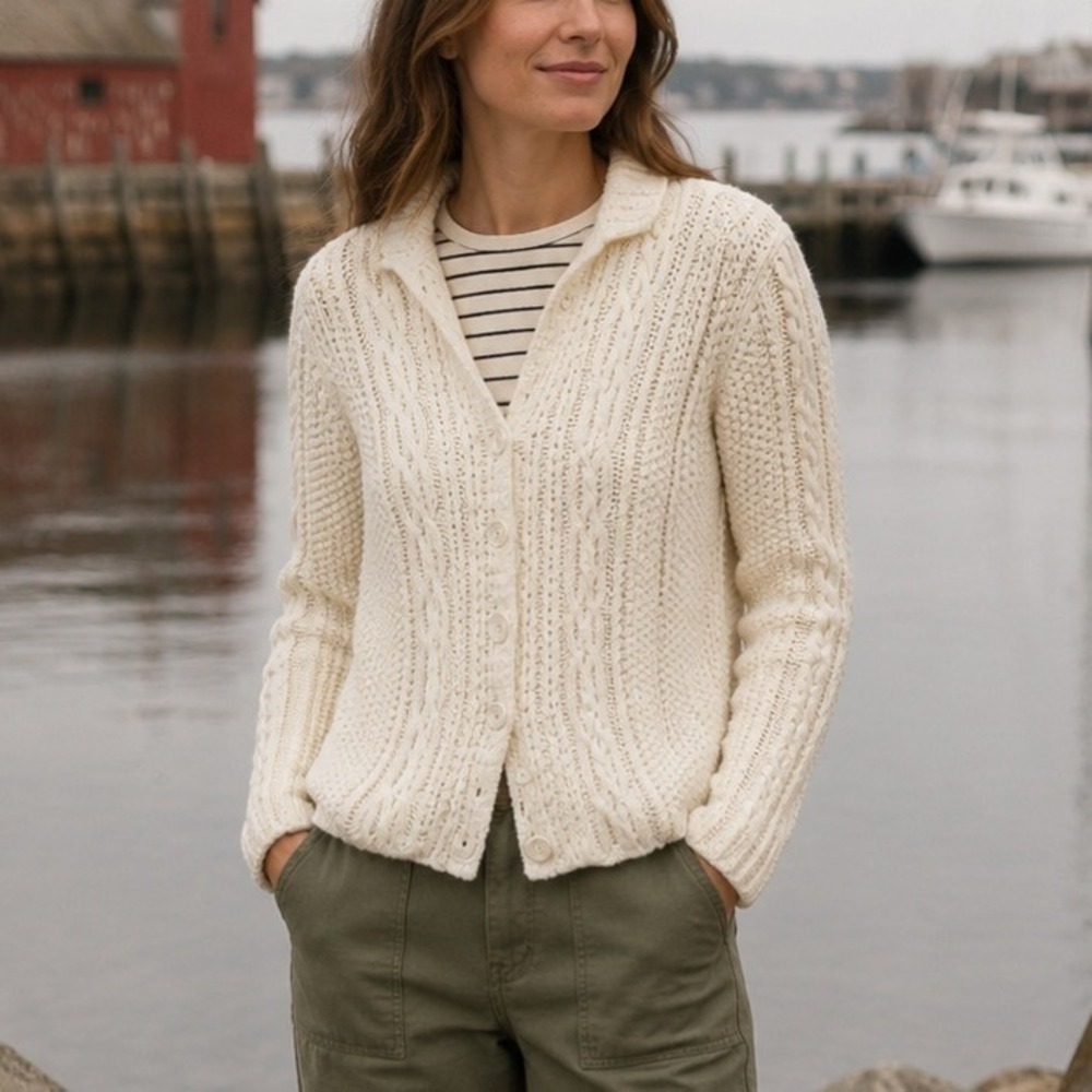 VINTAGE Fisherman Cardigan L Cable Knit Coastal Preppy Nautical Heritage Cream